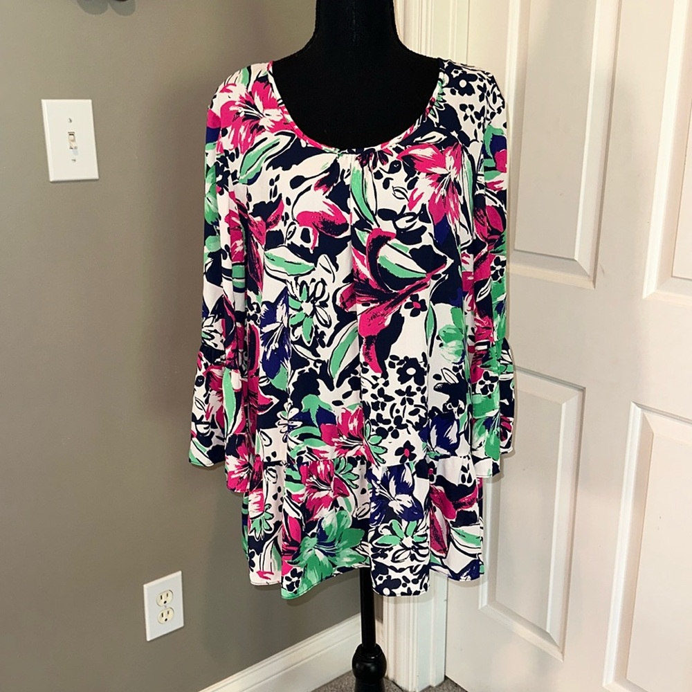Pappagallo Spring Floral Peplum 3/4 Bell Sleeves Top size XL EUC
